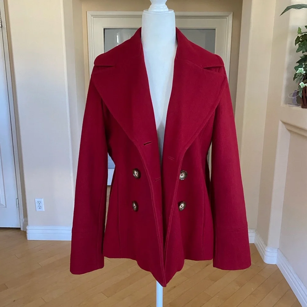 Michael Kors Wool Blend Double Breasted Burgandy Red Pea Coat with Logo Buttons